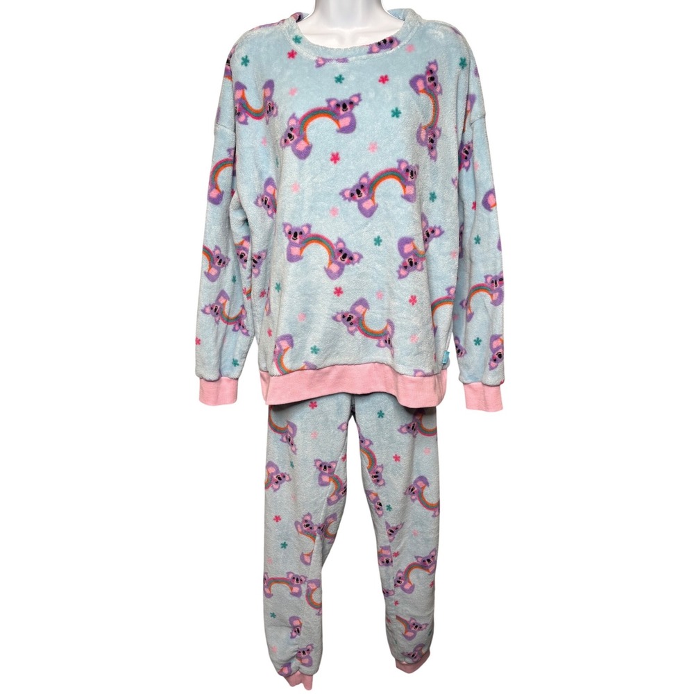 CHELSEA PEERS Womens Blue Koala Rainbow Fleece Pajama Set Sz L Jogger Kidcore